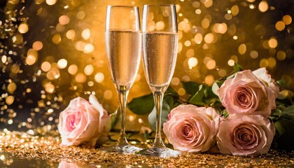 two flute glasses with sparkling champagne pink roses on golden background with golden bokeh lights confetti glitter valentine s day celebration concept