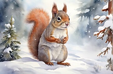 Fototapeta premium Watercolor illustrarion of squirrel at the winter forest. Concept for greeting post cards, New Year and Christmas, calendars, stickers, animal protection. AI generated