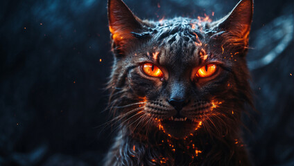 Fire Sphynx cat alien character. Portrait of a cat alien from other galaxy on futuristic background