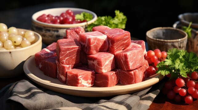 Red braided pork belly cubes in a stone ware UHD wallpaper