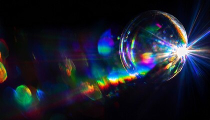 lens flare abstract bokeh lights leaking reflection of a glass crystal defocused shining colorful rainbow light leaks rays on black background