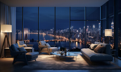 luxury living room with city skyline3D rendering of a modern living room with a panoramic city Illuminated modern living room overlooking city.