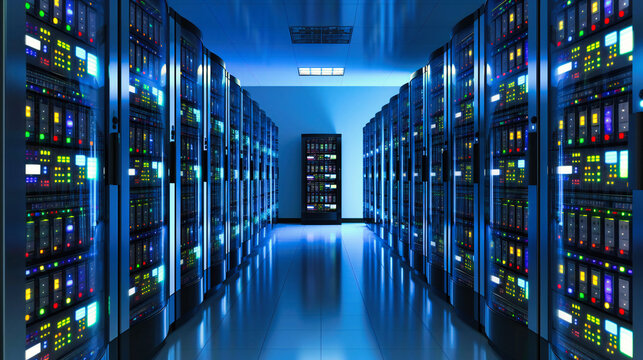 Datacenter Server Room: A datacenter server room with technology, connectivity, and networking equipment for data storage and processing