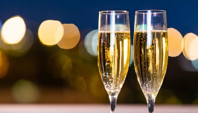 two glasses with sparkling champagne against a background of bokeh city lights square image