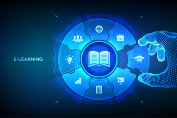 E-learning. Online education technology concept. Webinar, teaching, online training courses. Skill development. Hand places an element into a composition visualizing Learning. Vector illustration.