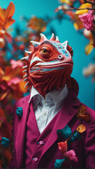 A chameleon in a suit. High adaptability. A lizard character. A concept of a person quickly adapts to circumstances