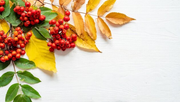 autumn composition dried leaves flowers rowan berries on white background autumn fall thanksgiving day concept flat lay top view copy space