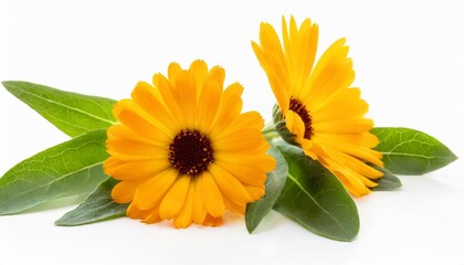 calendula officinalis flower isolated on white or transparent background marigold medicinal plant healing herb set of two falling calendula flowers with green leaves - obrazy, fototapety, plakaty