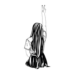  Black and white illustration of a girl from the back with a Pis sign. Tyanka. Schoolgirl in uniform. Student. Manga.