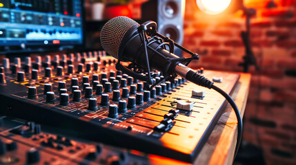 Music Studio Setup: Professional audio equipment in a music studio, representing sound production and entertainment