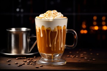 Rich caramel macchiato with sweet drizzle - ideal for coffee lovers. Generative AI