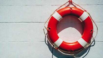 red lifebuoy with white strip hanging on white wall had space on left side for creative - obrazy, fototapety, plakaty