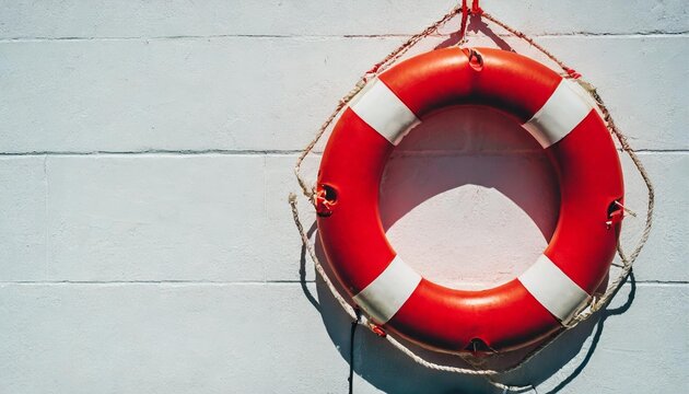 red lifebuoy with white strip hanging on white wall had space on left side for creative