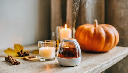 Obraz na płótnie Canvas cozy corner for home meditation and relaxation fall aroma diffuser with pumpkin pie scent cinnamon orange burning candles for comfort pleasure aromatherapy apartment decor house design