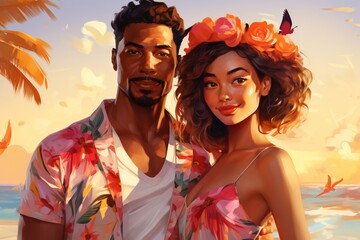 Illustration of happy young couple african man with asian woman in colorful clothes on tropical beach