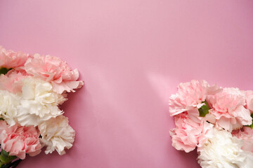 Beautiful pink and white Carnation flowers composition on pink background. Pink flower background...