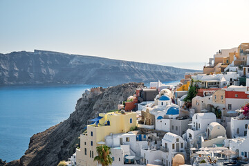 Beautiful panorama view of Oia traditional village on Santorini island in Greece. Greek Islands,...