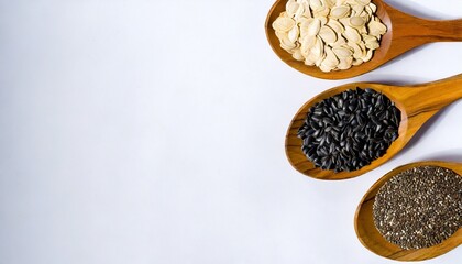 healthy seeds sesame flax seed sunflower seeds pumpkin seed chia and black seed in wooden spoons on a white background top view - obrazy, fototapety, plakaty