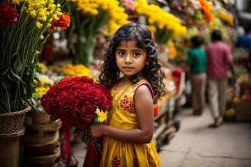 Beautiful young Indian girl wearing and holding flowers in a market. Lifestyle. International Women's or Mother's Day. Space for text. 