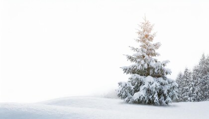 fir tree covered snow on white background with space for text