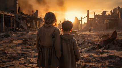 Fototapeta premium Children. Conflict concept. Burning and destroyed city by war. Concept of crisis of war creative decoration. Selective focus