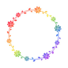 Round rainbow floral frame template. Pride Month Frame Border Design Element. Vector art with flowers and leaves.