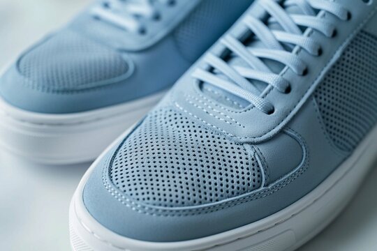 Close up of elegant light blue sports shoes in natural nubuck leather for adult men photographed on a white background. Fashion accessories.