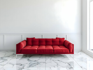 Modern big red sofa for living room on a clean bright white wall background and marble floor. High-resolution