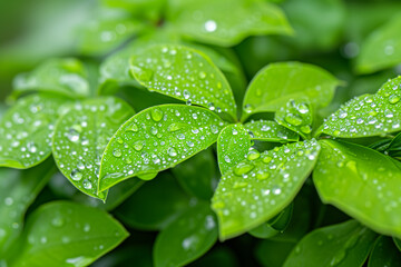 Lush Green Leaves Adorned with Raindrops, Perfect for Nature and Purity-Themed Projects
