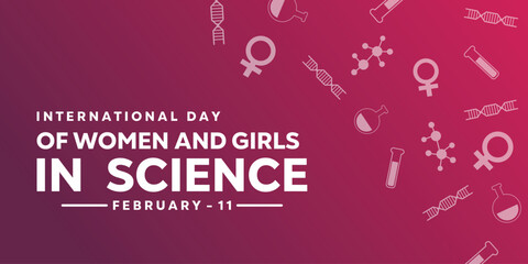 Illustration of the International Day of Women and Girls in Science. Set of science icons and dark red background. Vector illustration