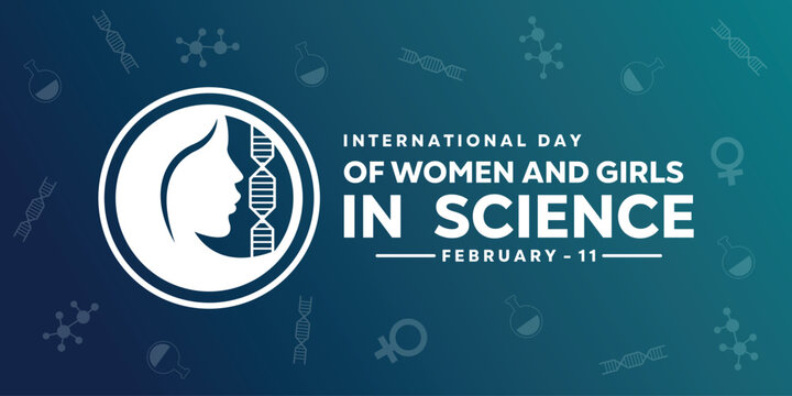 Illustration of the International Day of Women and Girls in Science. A collection of science icons and a female icon or logo. Vector illustration