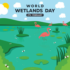 World Wetlands Day. Vector illustration of World Wetlands Day on February 2 with Flamingo and other animals. Perfect for celebrating World Wetlands Day