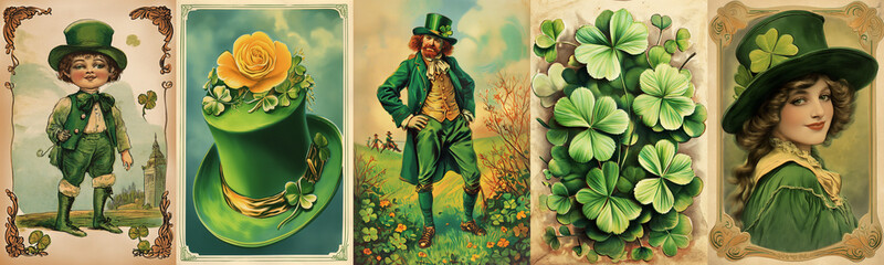 Set of vintage antique style St Patrick's day holiday greeting cards, people with green hats, clover and shamrocks in Ireland