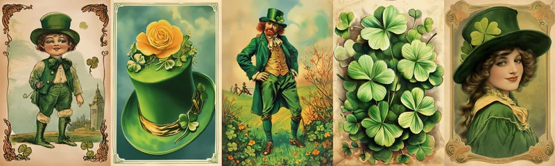 Poster Set of vintage antique style St Patrick's day holiday greeting cards, people with green hats, clover and shamrocks in Ireland © Delphotostock