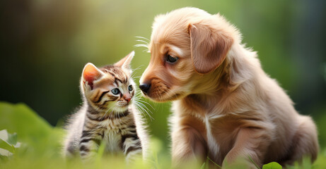 Playful kitten and dog enjoying sunny day on lawn with blurred background and text space. A cute kitten is playing with a cute puppy in the garden in morning - obrazy, fototapety, plakaty