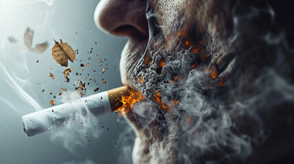 Illustration of a thought-provoking visual concept for No Tobacco Day, highlighting the harmful effects of cigarettes on the lungs and body. An image of a real cigarette interacting with the interbody - obrazy, fototapety, plakaty