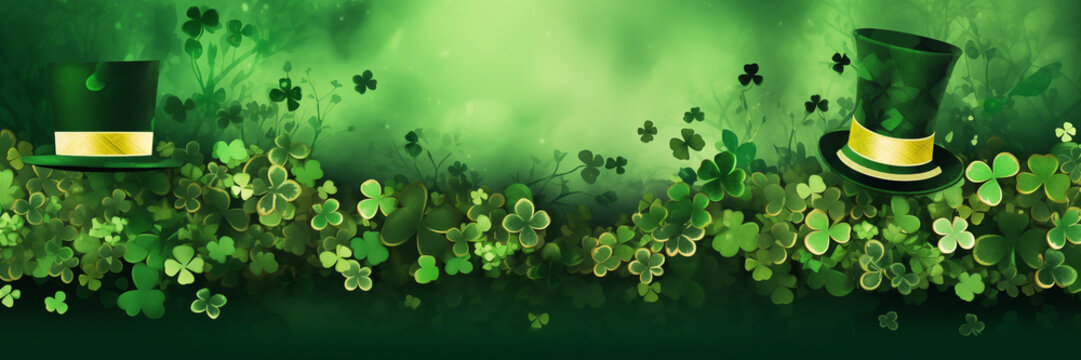 St Patrick holiday celebration, green header with clover and irish hats, web banner with copy space