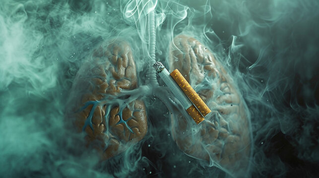 Illustration of a thought-provoking visual concept for No Tobacco Day, highlighting the harmful effects of cigarettes on the lungs and body. An image of a real cigarette interacting with the interbody