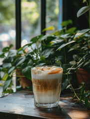 Iced latte on wooden a table with plants in background