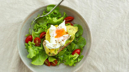 plate with toast with avocado and poached egg on the table