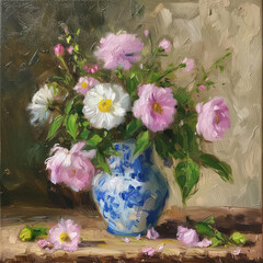 Bouquet, vase, illustration, oil painting