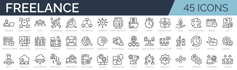 Set of 45 outline icons related to freelance. Linear icon collection. Editable stroke. Vector illustration - obrazy, fototapety, plakaty