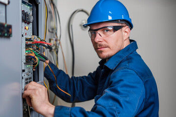 Skilled Blue-Uniformed Electrician at Work
