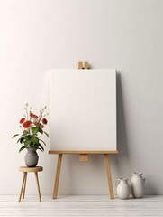 White canvas for mockup in a minimalist  interior room with a Blurred brick wall in the background