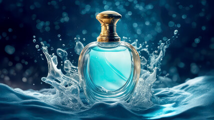 Perfume bottle surrounded by splashing waves on blue sea water bokeh background. Elite perfumery concept.Banner for design with copy space. Generative AI. - obrazy, fototapety, plakaty