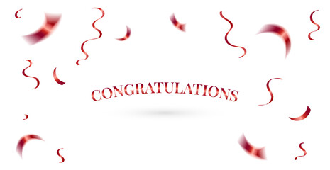 Congratulations Lettering Text With Red Confetti And Ribbon Isolated On White Background. Celebration. Vector Illustration. Wallpaper. Banner