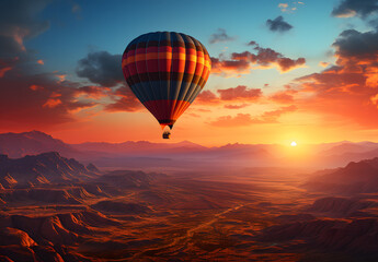 A hot air balloon silhouetted at sunset
