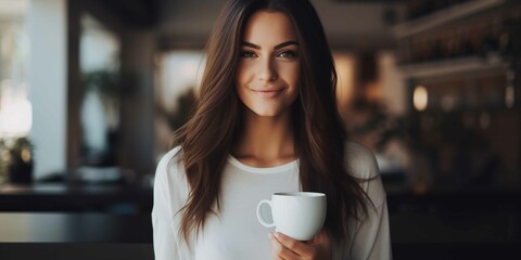 Brunette woman wearing a plain white t - shirt, woman is holding a white coffee mug, woman is in a modern cafe - obrazy, fototapety, plakaty