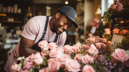 Portrait of a happy shopkeeper is smiling while making bouquet of flowers at his florist
