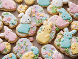 Fototapeta na wymiar Easter cookies in the shape of Easter bunnies in pastel colors